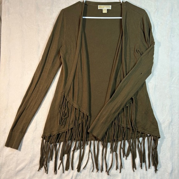 Michael Kors XS Olive Green Fringe Open Front Cardigan Knit Sweater Casual - Picture 1 of 11